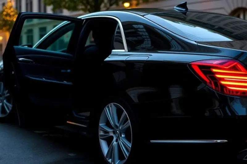 A side view of a black Mercedes-Maybach S 600 with the rear door open, symbolizing Lavish Ride’s premium William P. Hobby Airport to Galveston luxury transfer service.